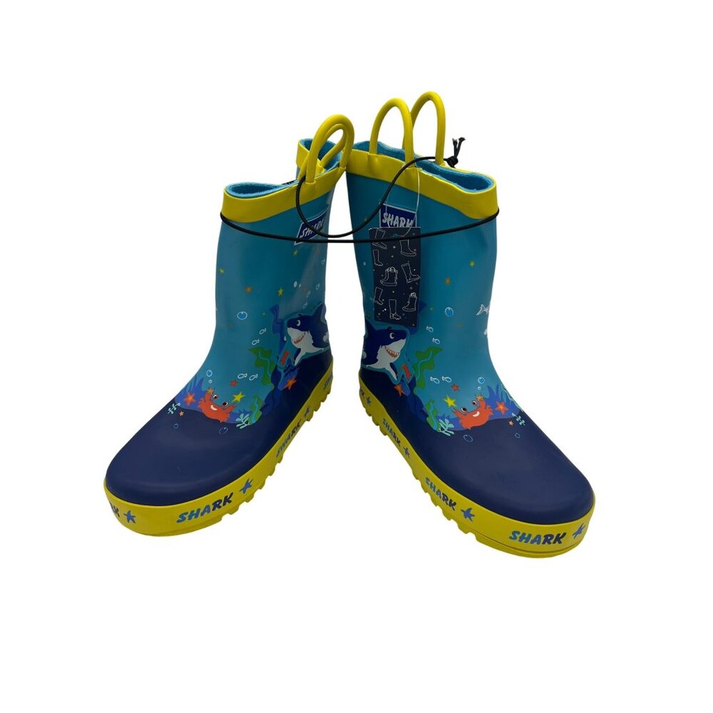 Toddler Shark Design Rubber Rain Boots Size 13 Waterproof Durable Blue / Yellow